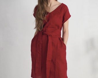 Linen oversized dress with belt. Linen v-neck dress. Loose linen dress. Women dress with belt. Oversize linen dress. Elegant Dress- PARAGUAY