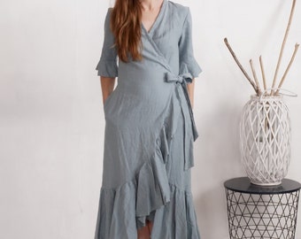 Long wrap linen dress. Romantic ruffle linen dress. Evening linen dress. Maxi wrap dress. Bohemian linen clothing. Formal dress - BRAZOS