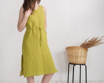 Linen dress with slits. Washed linen summer dress. Linen sleeveless dress. Women linen dresses. Beach linen dress. Linen slit dress - MEKONG