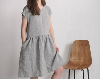 Midi Smock Linen Dress. 100% Linen Dress. Sustainable Linen Summer Clothing. Flowy Dress. Women Linen Dress. Petite Smock Dress - YUKON