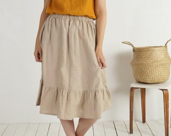 Midi linen ruffle skirt. Skirt with pockets. Boho linen skirt. Frill linen skirt for women. Linen midi skirt. Naturak gather skirt - VAAL