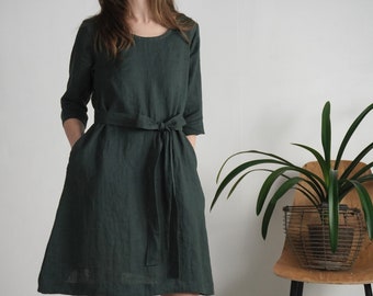 Linen trapeze dress. Linen midi dress with pockets. Linen trapeze dress with belt. Linen dress with 3/4 sleeves. Fall winter dress - JAPURA