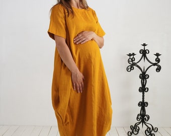 Pregnancy boho linen dress. Linen maternity dress. Linen balloon dress. Photoshoot pregnancy dress. Minimalist pregnancy clothing - BLANDA