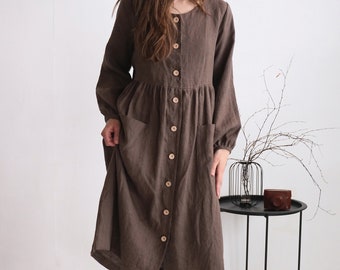 Linen dress with buttons. Long sleeve linen dress. Maternity breastfeeding dress. Below the knee-length. Loose linen autumn dress - GEORGINA