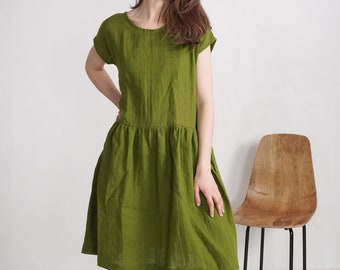 Midi Smok Leinen Kleid. 100% Leinenkleid. Nachhaltige Sommerkleidung aus Leinen. Fließendes Kleid. Frauen Leinen Kleid . Zierliches Smock Kleid - YUKON