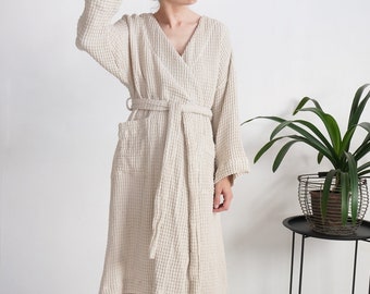 Long waffle linen bathrobe. Long linen robe. Waffle weave absorbent bathrobe. Luxurious bathrobes. Comfy house robe. Morning loungewear- AMU