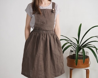 Linen pinafore dress. Linen apron dress. Linen Pinafore. Pinafore Dress. Cross-back dress. Washed linen skirt with dungarees - LOMAMI