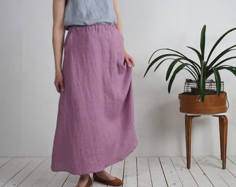 100% Linen Maxi Skirt, A-Line Elastic Waist Pockets, Sustainable Clothing - HEILONG