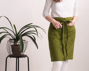 Half linen apron. Mens apron. Midi linen apron. Unisex soft linen apron. Cafe apron for staff. Handmade midi cafe apron. Cooking half apron
