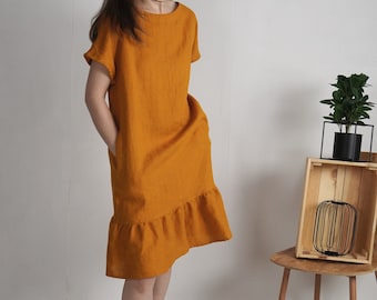 Ruffled dress. Retro linen dress. Linen ruffle dress. Natural summer dress. Women linen dress. Ruffled dress. Evening swing dress - MAMORE