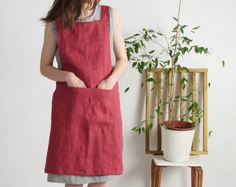 Pinafore linen apron. Linen apron. Pinafore soft linen apron. Natural linen cross back apron with pockets. Unisex cross back apron.