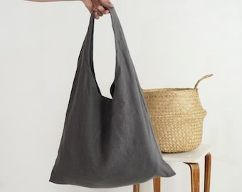 Linen bag with wide handles. Linen double layer tote bag. Reusable shoppers bag, Eco friendly. Washable market tote. Yoga bag. Beach Tote.