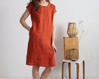 Vestido de lino natural para el día a día. Vestido sencillo de lino. Vestido túnica de lino. Vestido suelto de lino natural. Vestido de lino lavado. Vestido de lino suave - SEINE