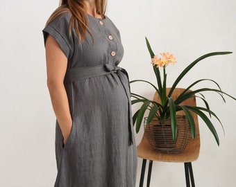 Maternity shirtdress. Linen nursing dress. Breastfed dress. Maternity linen clothing. Linen mom dress. Boho pregnancy sundress - LIMPOPO