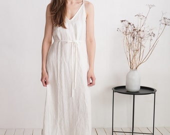 Long linen dress with tie straps. Linen beach dress. Linen summer dress. Soft linen dress. White long dress. Minimal linen dress - TOCANTINS