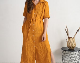 Linen shirt dress. Minimalist shirt buttons down dress with pockets. Short sleeves woman summer dress. Maxi shirt dress with slits - HELMAND