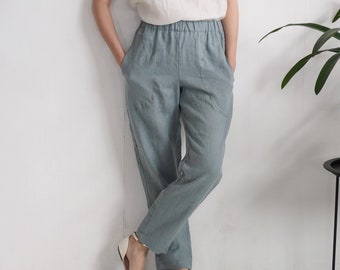 Linen trousers. Tapered linen trousers. Soft high waist linen pants. Sustainable clothes. Natural linen pants. Washed linen trousers- THAMES