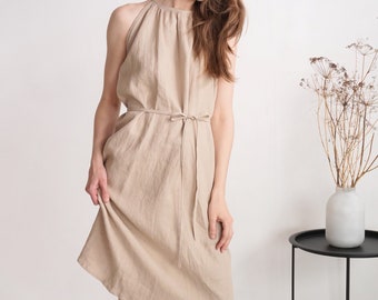 Linen halter neck dress. Summer dress with tie closure on back. Sleeveless summer dress. Natural linen dress. Loose dress with belt - JIANG