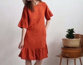 Ruffled dress. Retro linen dress. Linen ruffle dress. Summer dress. Women linen dress. Ruffled sleeve dress. Evening swing dress - SALADO