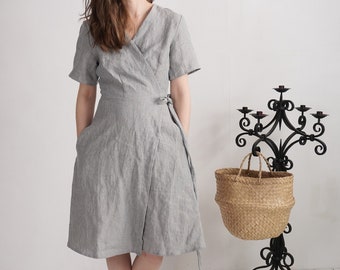 Wrap linen dress. Elegant summer dress. Evening linen dress. Bridesmaid wedding dress. Midi wrap linen dress. Linen a-line dress- MISSOURI