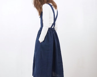 Linen long pinafore dress. Linen apron dress. Linen Pinafore. Long Pinafore Dress. Cross-back dress. Washed linen dungarees skirt - PLATTE