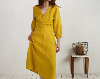 Linen Wrap Dress – Long Sleeve, V-Neck, Side Pockets - WARBURTON