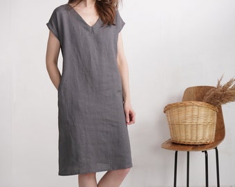 Linen v-neck dress. Womans linen dress. Short sleeve dress. V-neck dress. Womans loose linen dress. Natural linen summer dress - MADEIRA