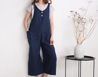 Mono capri de lino con bolsillos, mono de verano sin mangas con escote en V - TAPAJOS