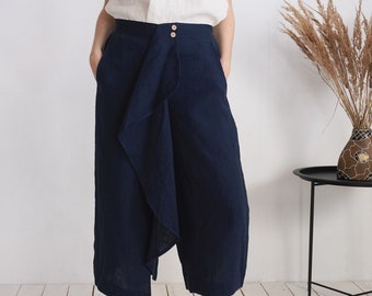 100% Linen Capri Pants, Wide Leg Ruffle Trousers, Summer Office Wear - BARCOO