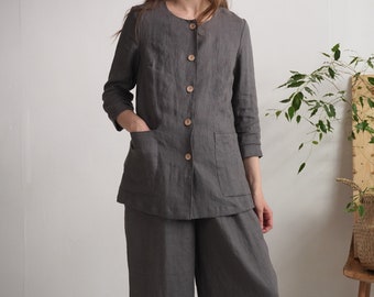 Linen suit. Linen jacket and pants. Linen button jacket. Women linen suit. Linen wide leg trousers. Linen blazer. Linen high waist pants.