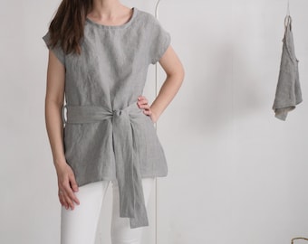 Linen blouse with belt. Linen smart blouse. Longer linen blouse. Linen top with belt. Summer linen blouse. Work linen blouse - SHEBELLE