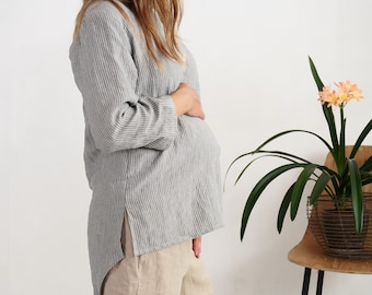 Breastfed linen blouse. Maternity blouse. Button-up blouse.Linen blouse. Linen pregnancy top. Autumn maternity top. Winter long sleeve-DARYA