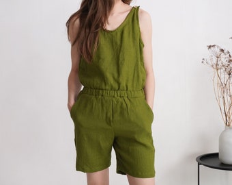 Sleeveless short linen jumpsuit. Linen romper for summer. Summer linen jumpsuit. Sleeveless linen romper. Linen jumpsuit with shorts - HUANG