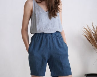 On SALE - Ready to Ship, S size. Linen shorts with pockets. Womens linen longer shorts. Washed linen shorts. Linen mom shorts - URAL