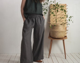 High waisted linen trousers. Wide leg linen pants. Elegantt linen pants. Long wide natural linen trousers. Linen high waist pants - COOPER