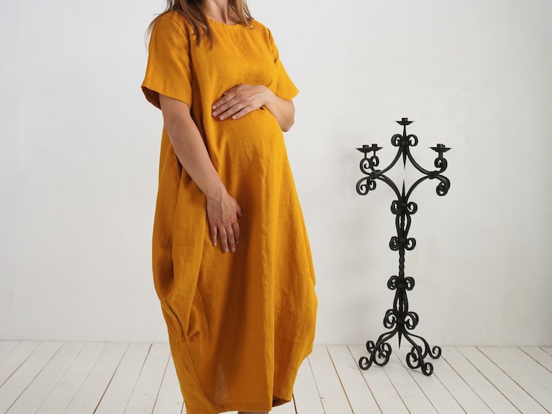 Pregnancy boho linen dress. Linen maternity dress. Linen balloon dress. Photoshoot pregnancy dress. Minimalist pregnancy clothing BLANDA image 1