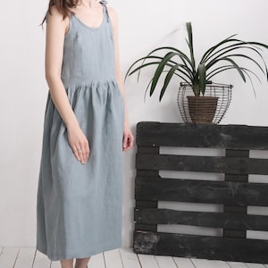 Linen ruffled long dress. Linen sundress with ties. Linen beach dress with ties straps. Loose fitting ruffled sundress. Boho dress - ZAMBEZI