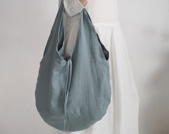 Linen round bag. Natural linen bag. Double layer linen round bag. Natural shopping bag. Linen shoulder bag. Beach bag. Summer linen bag.