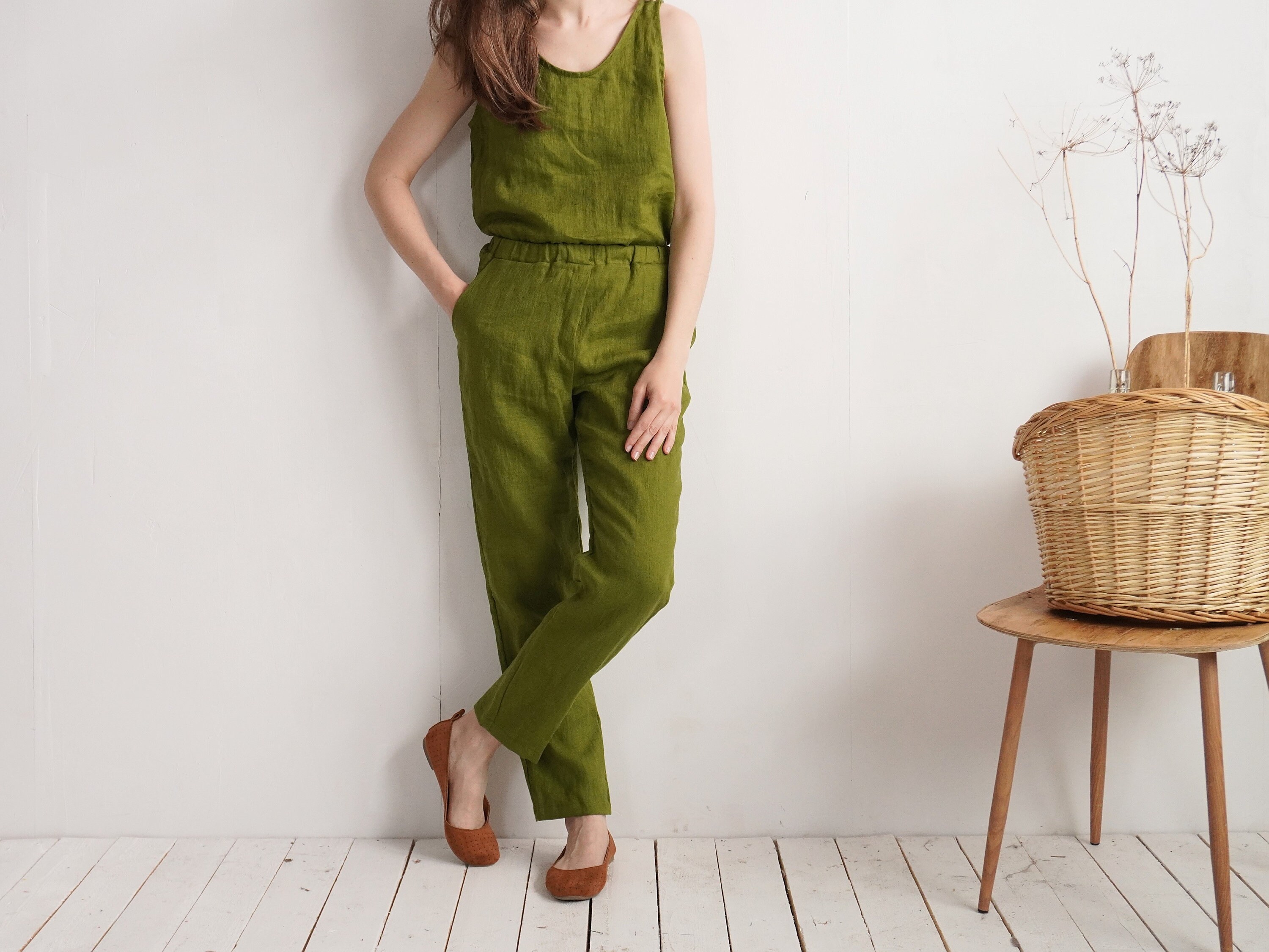 Buy Linen Sleeveless Jumpsuit. Linen Jumpsuit With Pockets. Washed