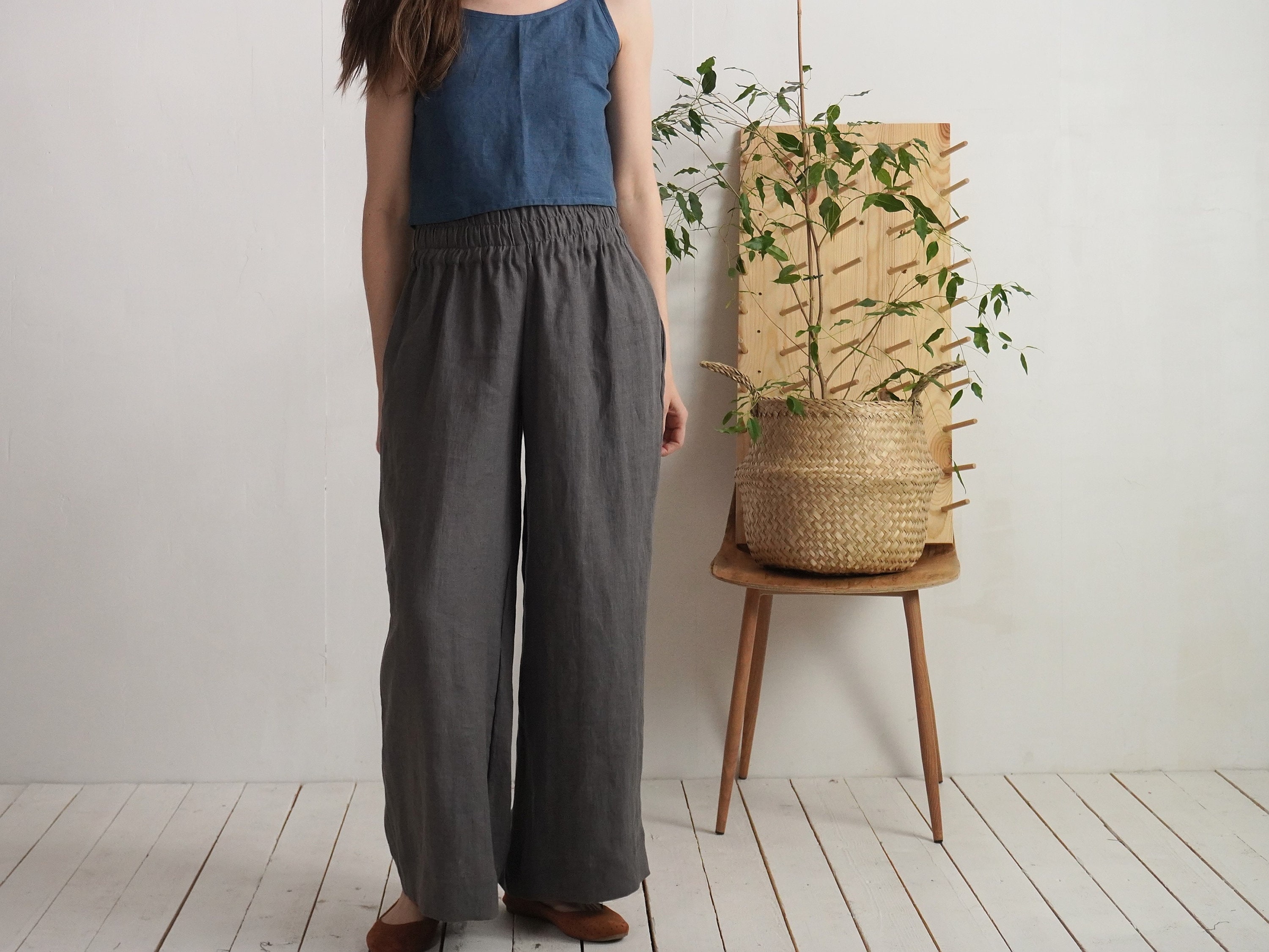 High Waisted Linen Trousers. Wide Leg Linen Pants. Elegantt