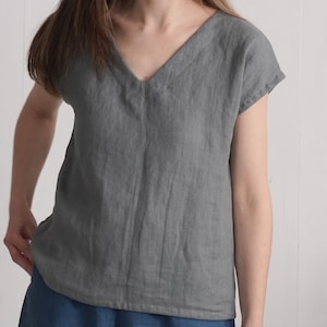 Linen simple v-neck top. Soft linen top. Washed linen blouse. Classic natural top. Simple linen top. Linen blouse. Organic linen top - LENA