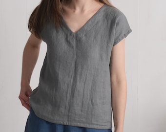 Linen simple v-neck top. Soft linen top. Washed linen blouse. Classic natural top. Simple linen top. Linen blouse. Organic linen top - LENA