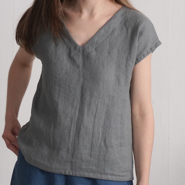 Linen simple v-neck top. Soft linen top. Washed linen blouse. Classic natural top. Simple linen top. Linen blouse. Organic linen top - LENA