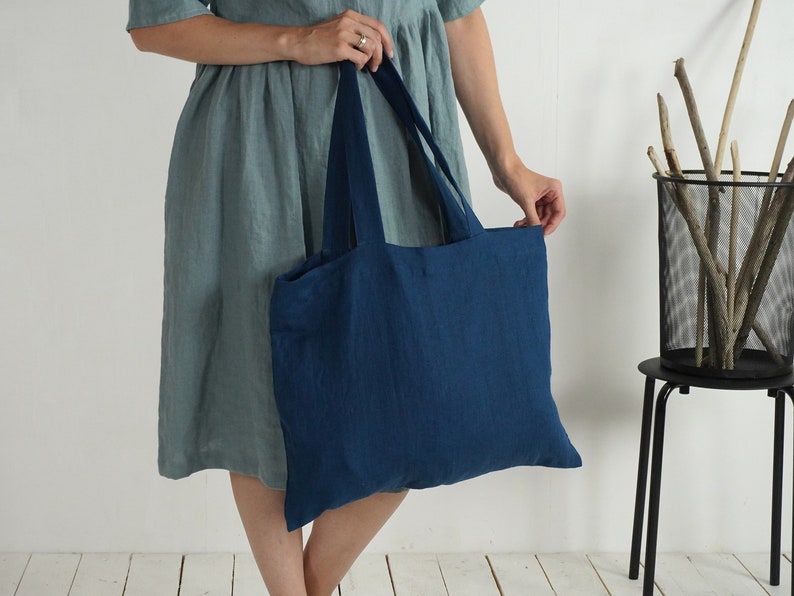 Wide linen shopping bag. Linen shoulder bag. Market bag. Natural linen tote bag. Beach bag. Grocery bag. Street bag. Linen beach tote bag. image 2