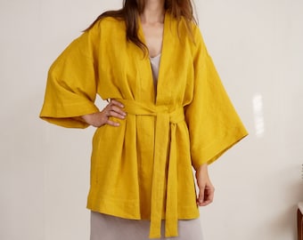 Linen kimono robe. Short linen robe. Soft linen lounge wear. Washed linen bath robe. Short linen dressing gown. Linen boho kimono - KOSI