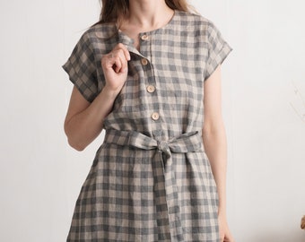 Breastfed dress, Linen Midi Dress, Henley Neck, Short Sleeve, Button Front - LIMPOPO