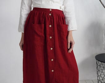 Linen skirt with button font. Washed linen skirt with pockets. Midi linen skirt. Aline linen flowy skirt. Natural linen women skirt - KEILA