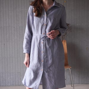 Linen long sleeve shirt dress with buttons. Minimalist shirt buttons down dress pockets. Linen nursing dress. Long sleeves dress - MERKYS