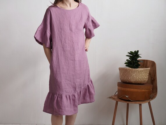 【CHICLINE】linen unbalanced ruffle flare dress Yellow Sunshine Ruffle Linen Dress