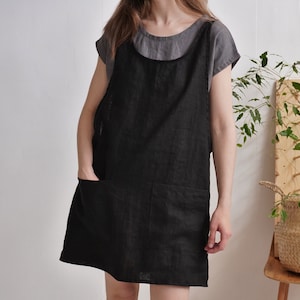 Short Linen Apron Dress. Washed Linen dress. Pinafore Dress. Oversize Linen tunic. Pinafore Linen dress. Linen romper with pockets - ALABAMA